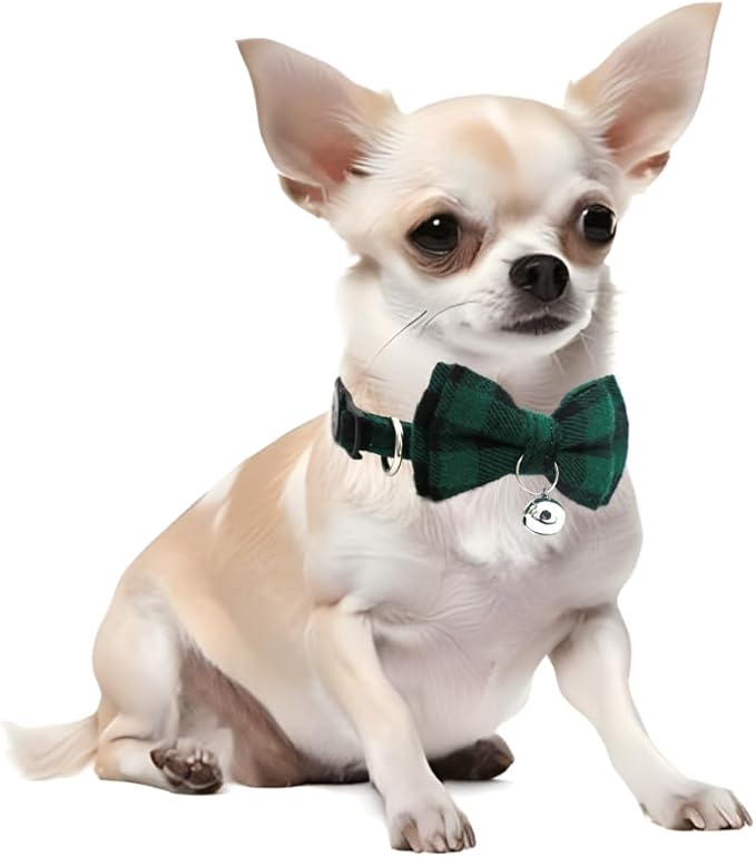 Green Plaid Bow Cat Collar with Bell, Breakaway Dog Bell Collar with Bowtie Christmas Puppy Collars for XXS Xs Small Tiny Little Pet Dogs Boy Girl Kitten, for Hoilday Birthday Party