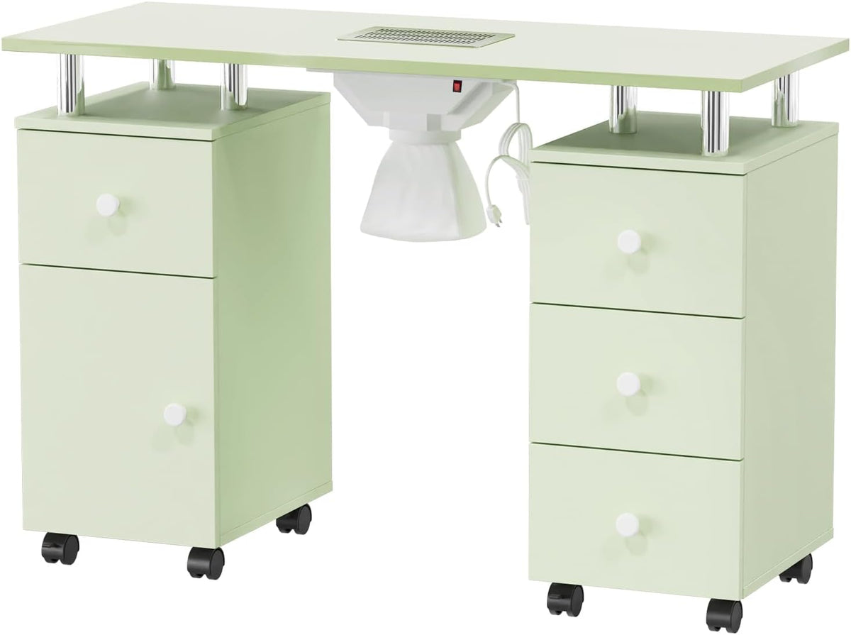 OmySalon Manicure Table Nail Desk for Nail Tech, Nail Table Station w/Electric Dust Collector, Makeup Beauty Salon Storage Acetone Resistant w/Lockable Wheels,Wrist Cushion,4 Drawers&Cabinet(Green)