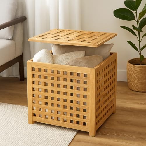 Wooden Storage Box with Lid – Natural Rustic Cube Bench Organizer for Laundry, Shoes, Entryway – Indoor Outdoor Breathable Wood Chest, Crate Bin, Furniture Decor for Home