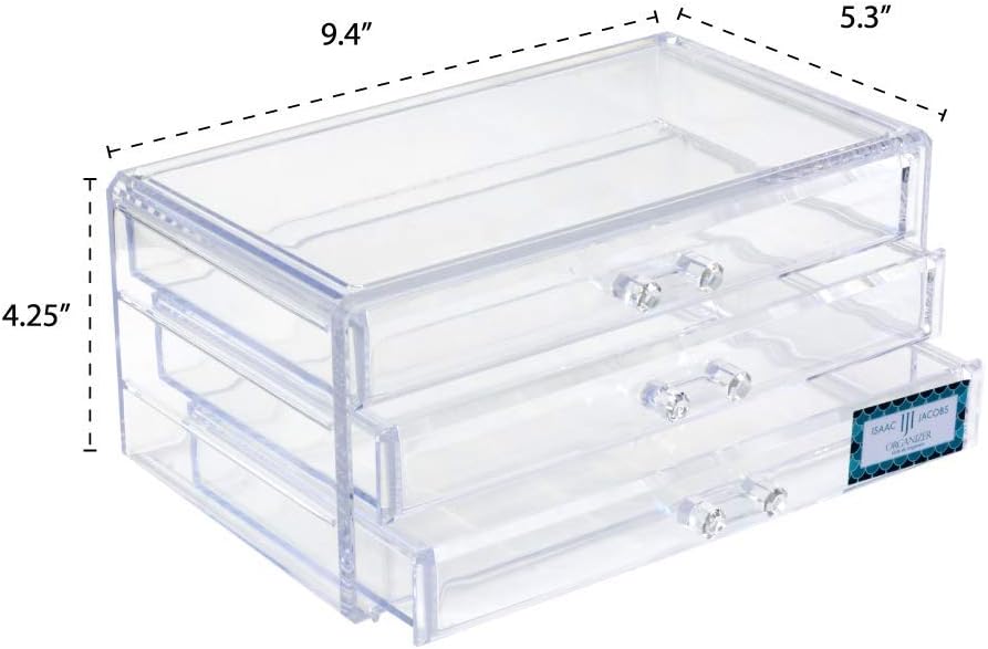 Isaac Jacobs Clear Acrylic 3-Drawer Stackable Jewelry Organizer, Cosmetic & Makeup Case with 3-Drawer Trays, Made for Bedroom, Bathroom, Countertop & Dresser