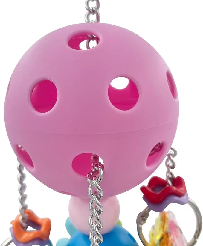 Pullable Bird Plastic Ball Toys with Acrylic Pacifiers and Flowers, Colorful Parrot Toys for Medium and Large Parrot Quaker Monk Parakeet Sun Conures (Pink)