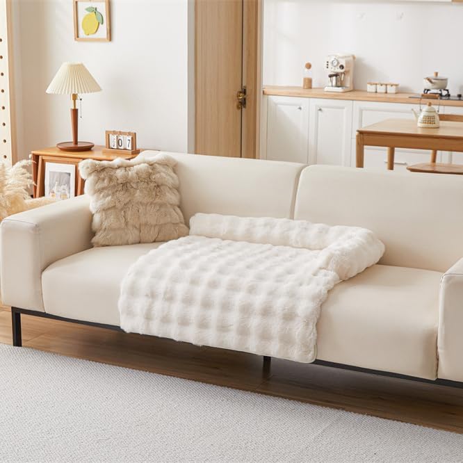 Calming Dog Bed Mat, Fluffy Fuzzy Couch Cover for Sofa, Winter Thickened Pet Mat with Anti-Slip Bottom Warm Soft Cushion Washable Pet Bed for Small Dogs and Cats (White, 90x90cm/35.4x35.4in)