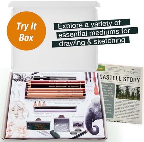Faber-Castell Try It Box: Dry Mediums - 17 Piece Sketching Drawing Art Set with featuring Colored Pencils, Graphite Pencils, Charcoal Pencils, Pitt Artist Pen and Art Tools