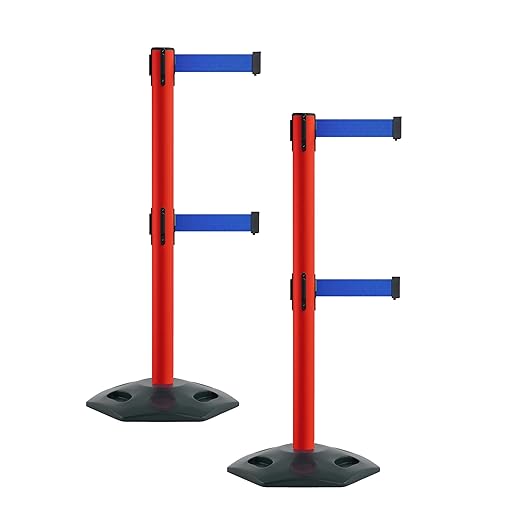 Montour Line MSR630D Set of 2 Retractable Belt Barrier Stanchion, Heavy-Duty Rubber Base, Red Post (13 ft Blue Dual Belt)