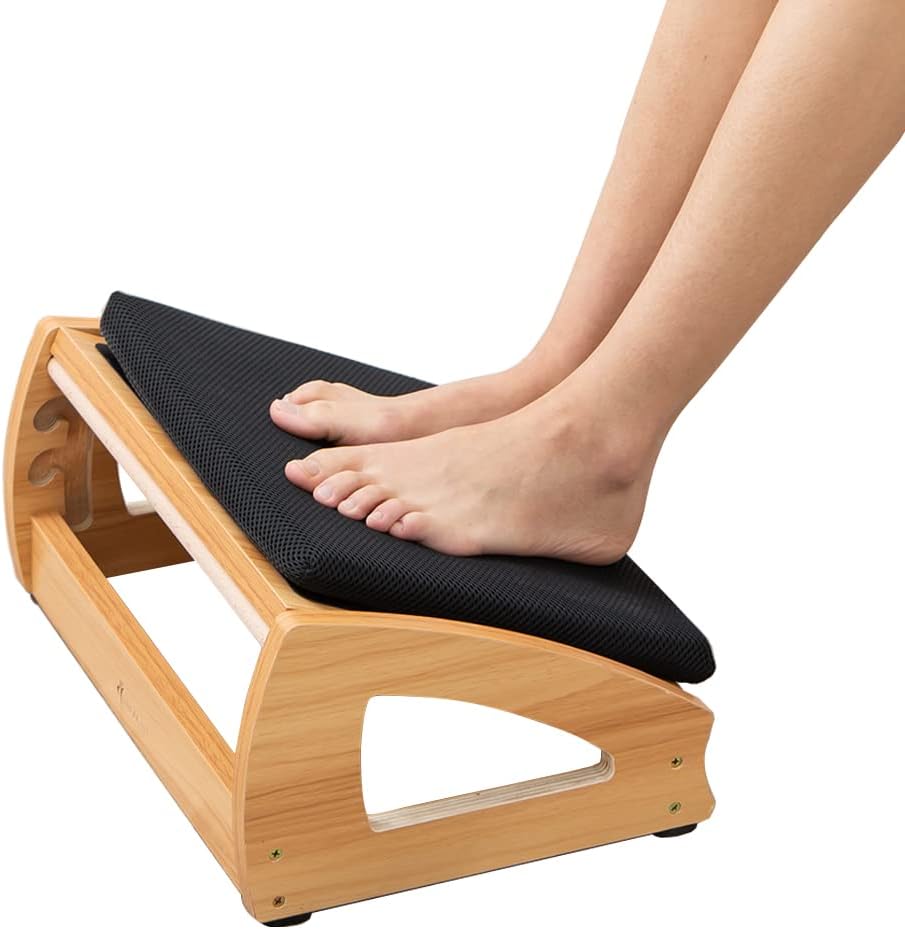 StrongTek Wooden Foot Stool Under Desk, Removable Cushion, 3 Angles