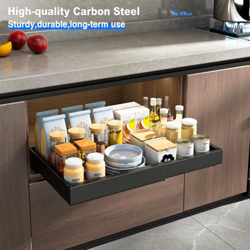 Mustorn 2 Pack Pull Out Cabinet Organizer, Expandable Slide Out Drawers for Kitchen Cabinets Peel and Stick Pullout Drawer Heavy Duty Sliding Shelves for Cupboard, Pantry, Bathroom(16.5" Deep, Black)