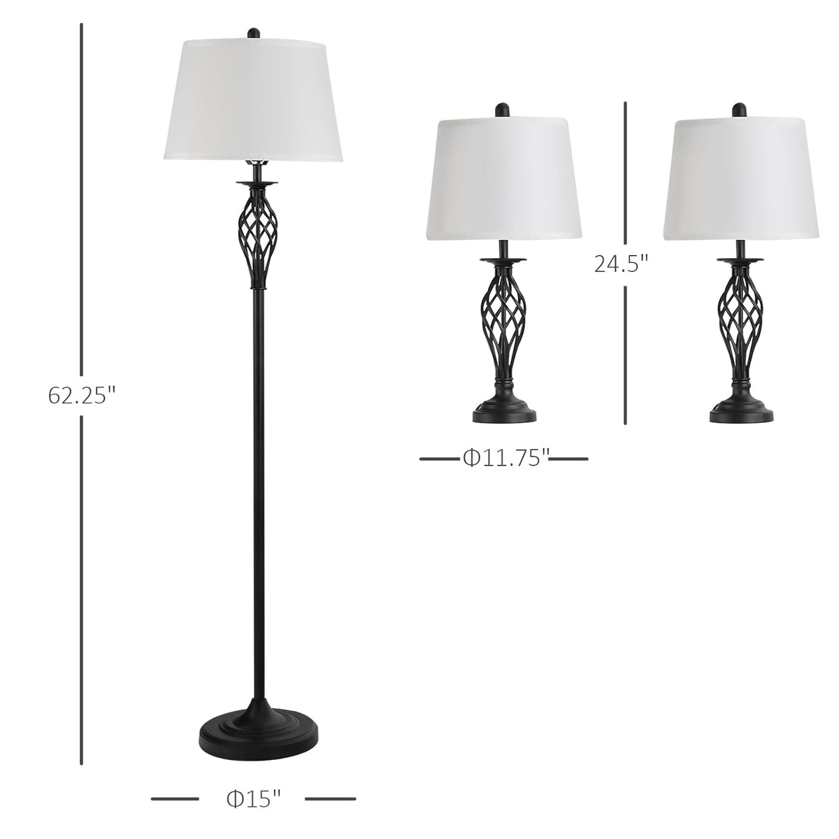 HOMCOM 3 Piece Table Floor Lamp Set with Metal Pole Round Base Black/White