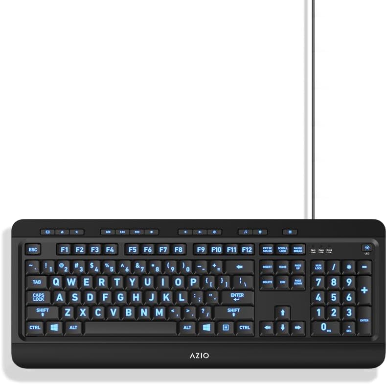 Azio Large Print Keyboard - USB Computer Keyboard with 3 Interchangeable Backlight Colors (KB505U-LN)
