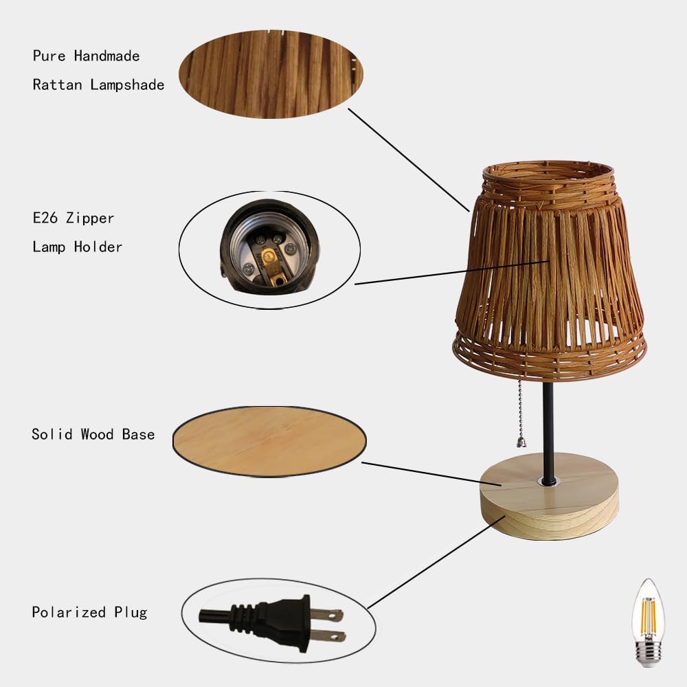 Handmade Boho Rattan Bedroom Small Table Lamp,with Brown Rattan Lamp Shade (Brown) with Pull Chain Lamp Holder,E26 Bulb Included