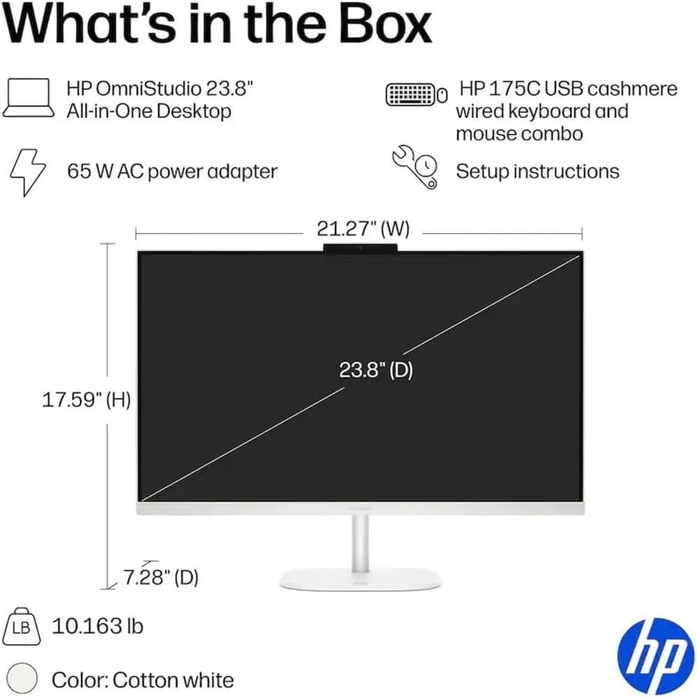 HP OmniStudio All‑in‑One Desktop, 24‑Inch Full HD Display, Intel N150 Quad‑Core CPU, 16GB DDR5 RAM, 128GB UFS Storage, WiFi 6, Bluetooth 5.4, Wired Keyboard & Mouse, Windows 11, Cashmere White