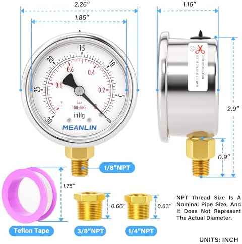MEANLIN MEASURE -30inHG~0Psi Vacuum Gauge Stainless Steel 1/8" NPT 2"