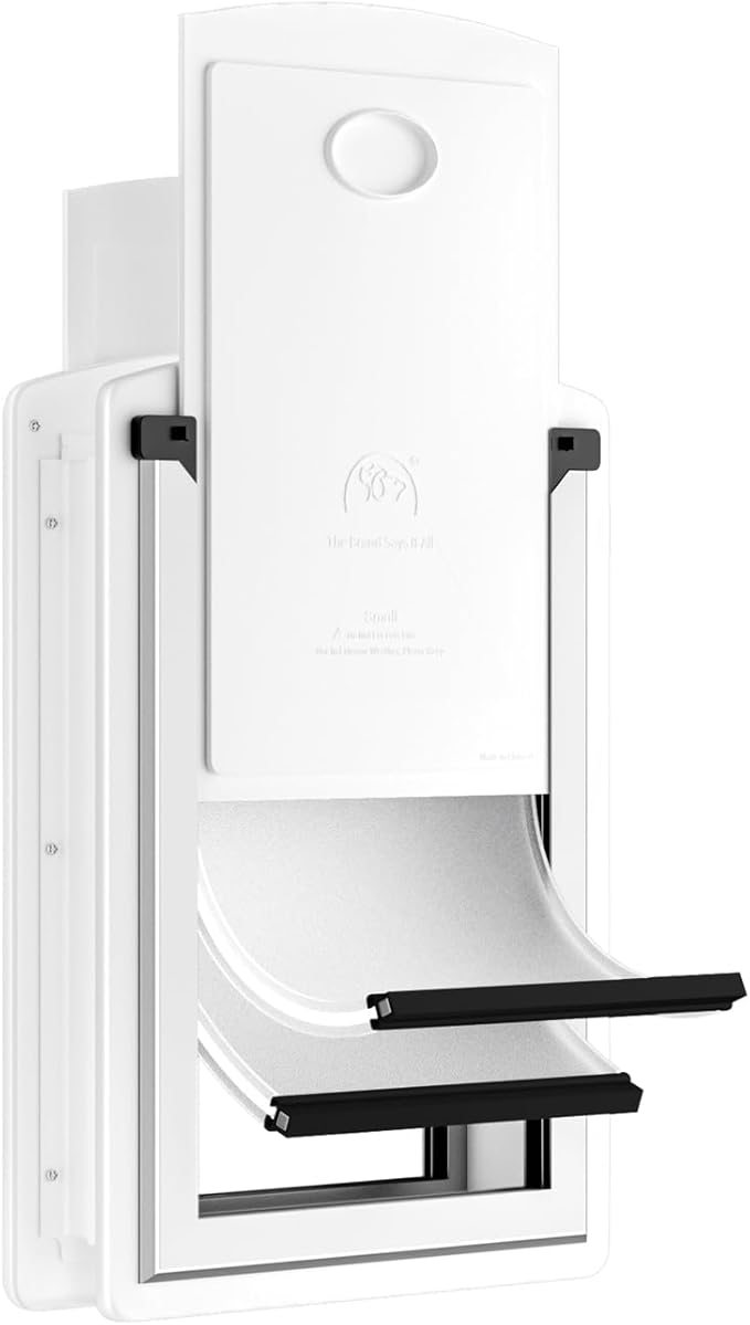 MAVRICFLEX Cat Door for Door, All-Stainless Steel Frame Cat Door with Double Soft Flaps and 2 Sliding ABS Panels for Doors, Easy to Install, Perfect for Cats and Small Dogs Under 15 LBS, White