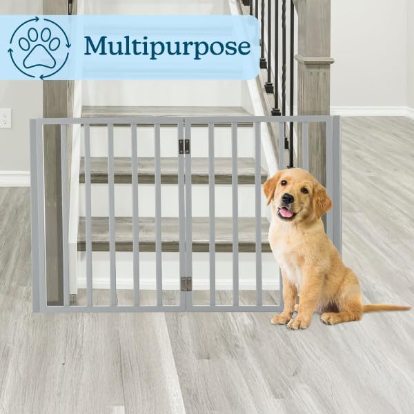 Pet Gate - 4-Panel Indoor Foldable Dog Fence for Stairs, Hallways, or Doorways - 72x24-Inch Retractable Wood Freestanding Dog Gates by PETMAKER (Gray)