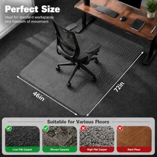 Office Chair Mat for Carpeted Floor, 46 × 72 Inch Low Pile Carpet Rolling Chair Mat, Large Plastic Computer Office Floor Mat, Thick Wear-Resistant PVC Carpet Protector Mat, Smooth Gliding Movement