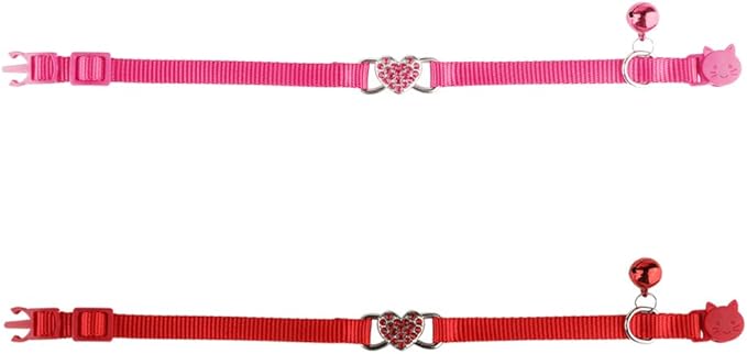 2 Pcs Cat Collars Heart Bling Breakaway with Bell Nylon Adjustable for Kitty (Pink+red)