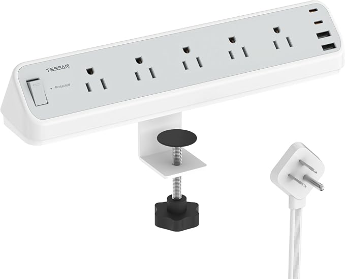 Desk Clamp Power Strip 10 Ft, TESSAN 2100J Surge Protector Desk Charging Station, 5 Outlets with 4 USB Ports (2 USB C), Flat Plug Extension Cord with Multiple Outlets for Gaming Home Office Dorm Room