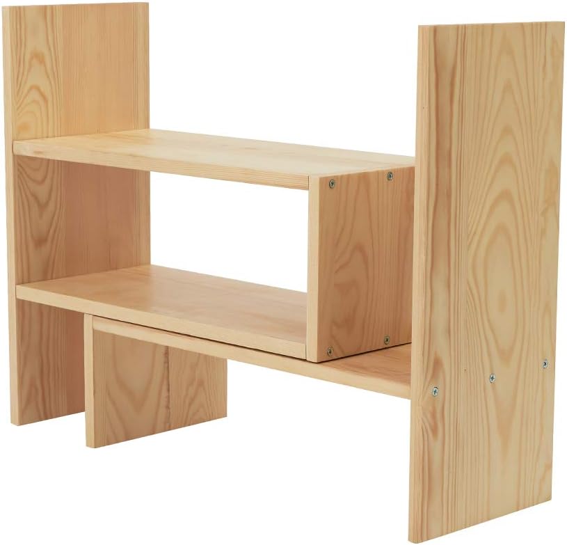 Liry Products Beige Adjustable Extendable Natural Wood Desktop Organizer Caddy Desk Organizer Countertop Shelf Bookcase Display Stand Rack Expandable Storage Office Home