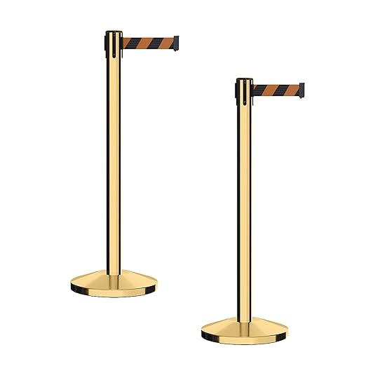 CCW Series RBB-100 - Set of 2 Stanchion Retractable Belt Barriers (9 Foot Belt, Black and Orange Diagonal Belt with Polished Brass Post)