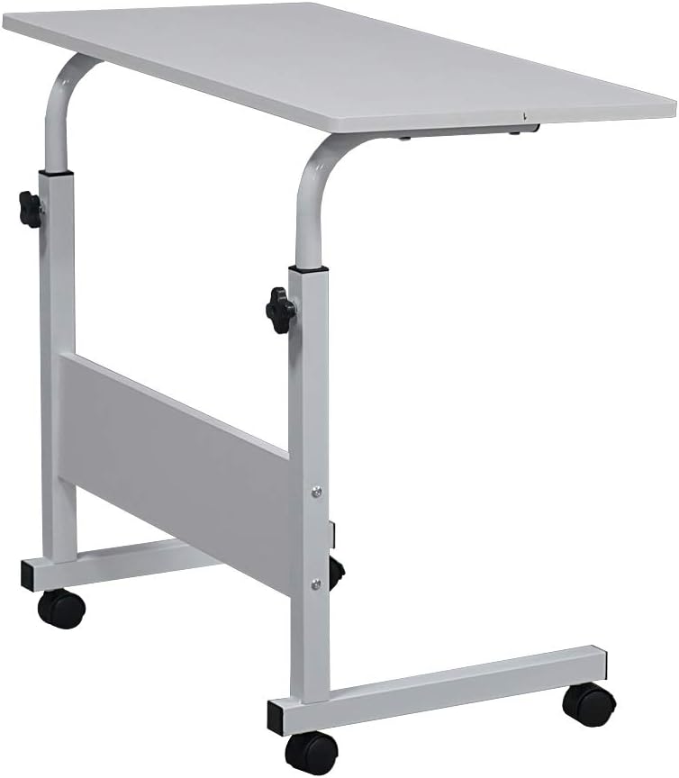Henf Mobile Sofa Side Table Rolling Bed Table Snack Table, Height Adjustable Portable Laptop Computer Stand Desks Breakfast Tray Table with Wheels for Living Room Bedroom, White