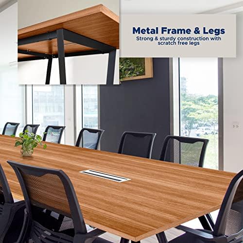 12FT Conference Table with Cable Management Grommets — Modern Rectangle Office Meeting/Boardroom Table with Melamine Wood Top and Metal Frame (Natural)