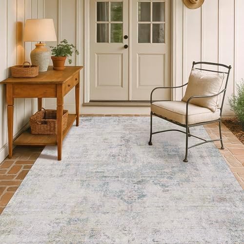 Low Pile Office Rugs for Rolling Chairs - 5x7 Abstract Rugs for Living Room, Large Entryway, Cream Slate Blue Decor, Non Slip with Rubber Backed & Stain Resistant, Distressed Design