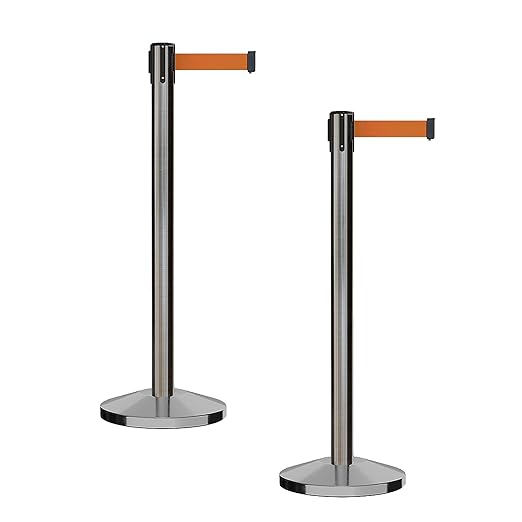 CCW Series RBB-100 - Set of 2 Stanchion Retractable Belt Barriers (9 Foot Belt, Orange Belt with Satin Stainless Steel Post)