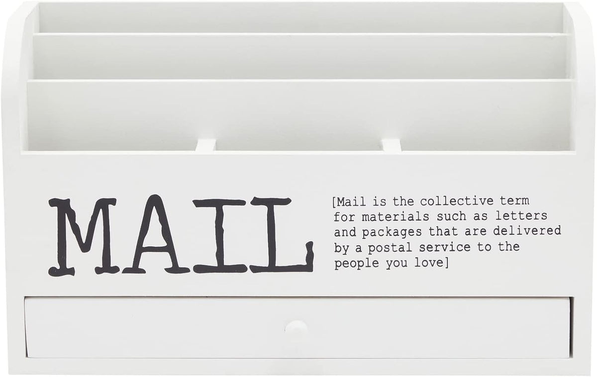 Juvale Wooden 3-Tier Countertop Mail Organizer - Desktop Organizer with Drawer for Paper & Supplies - Wall-Mount Mail Holder for Envelopes & Letters - White, 11 x 7 x 4 in