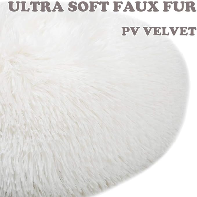 otoez Kitten Puppy Bed Extra Small XS Round Dog Cat Beds Anti Anxiety Plush Pet Calming Donut Bed with Non-Slip Waterproof Bottom, Washable (15.7", White)