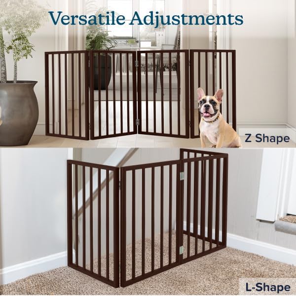 Pet Gate - 4-Panel Indoor Foldable Dog Fence for Stairs, Hallways or Doorways - 72x24-Inch Retractable Wood Freestanding Dog Gates by PETMAKER (Brown)