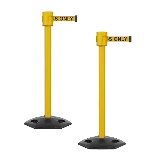 Montour Line MSR760 Set of 2 Retractable Belt Barrier Stanchion, Rubber Base, Yellow Post (35 ft Yellow with"Authorized Access ONLY" Black Letters Belt)