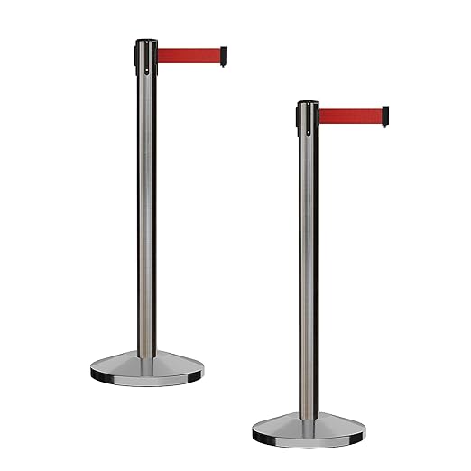 CCW Series RBB-100 - Set of 2 Stanchion Retractable Belt Barriers (7.5 Foot Belt, Red Belt with Satin Stainless Steel Post)