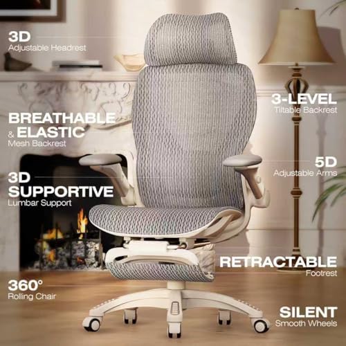 ELABEST X100 Ergonomic Mesh Office Chair with Footrest, Big and Tall Home Desk Chair with 5D Flip-Up Arms, Adjustable 3D Lumbar Support, Gaming & Executive Computer Chair
