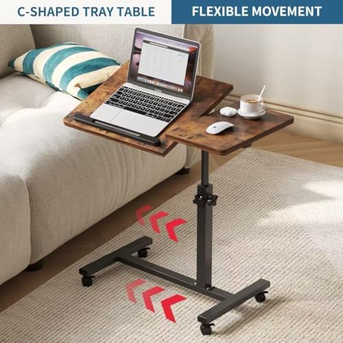 Adjustable Overbed Table with Wheels, Bedside Laptop Desk, Brown