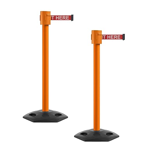 Montour Line MSR760 Set of 2 Retractable Belt Barrier Stanchion, Rubber Base, Orange Post (35 ft Red with"Please Wait HERE" White Letters Belt)