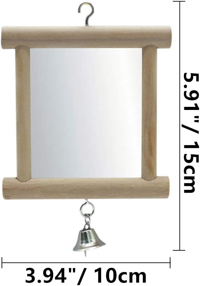 Bird Mirror Wooden Hanging Swing Interactive Play Toys for Small Parrot Budgies Macaw African Grey Parakeet Cockatiel Conure Lovebird Cage Accessories (Bird Mirror with Bell-ONE)
