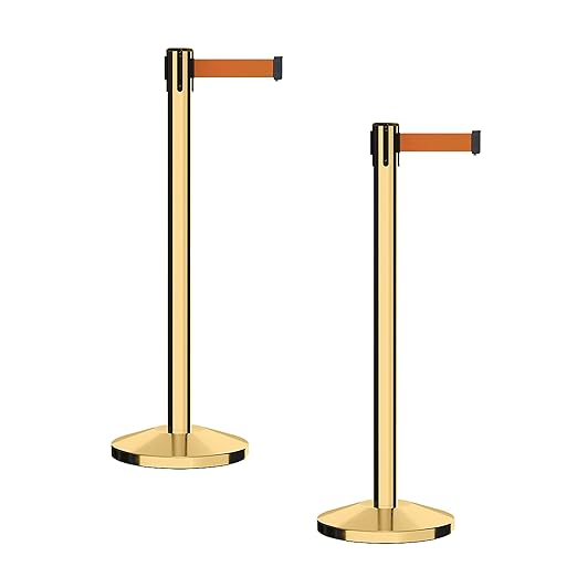 CCW Series RBB-100 - Set of 2 Stanchion Retractable Belt Barriers (7.5 Foot Belt, Orange Belt with Polished Brass Post)