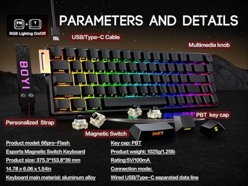 BOYI 66Pro-Flash Aluminum Magnetic Switch Gaming Keyboard,TMR/HE Keyboard Gaming 65% Hall Effect,RGB HotSwap 0.01mm Hyper-Fast 8K Hz Polling Rate,PBT Side Printed Keycaps Mechanical Keyboard with Knob