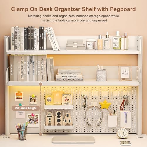 Clamp on Desk Shelf with Pegboard, Desktop Organization Bookshelf