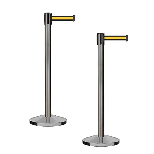 CCW Series RBB-100 - Set of 2 Stanchion Retractable Belt Barriers (9 Foot Belt, Black with Yellow Horizontal Stripe Belt with Satin Stainless Steel Post)