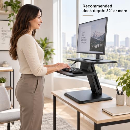 Mount-It! Standing Desk Converter, Compact 25" Sit Stand Desk Riser with Gas Spring Lift, Adjustable Height Desktop Riser for Laptop, Monitor, and Keyboard, Small Home Office Desk Converter
