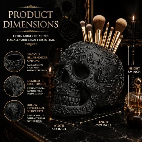 Skull Makeup Brush Holder, Pen Holder, Vanity, Desk, Office Organizer, Stationary, Decor Planter, Candy Bowl, Goth Decorations, Extra Large, Skulls Gothic Skull & Bones Organizer Bathroom