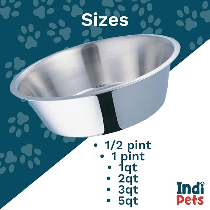 INDIPETS Standard Feeding Dish: Pet Water and Food Bowl | 2 Quart, Stainless Steel (PN: 800009)