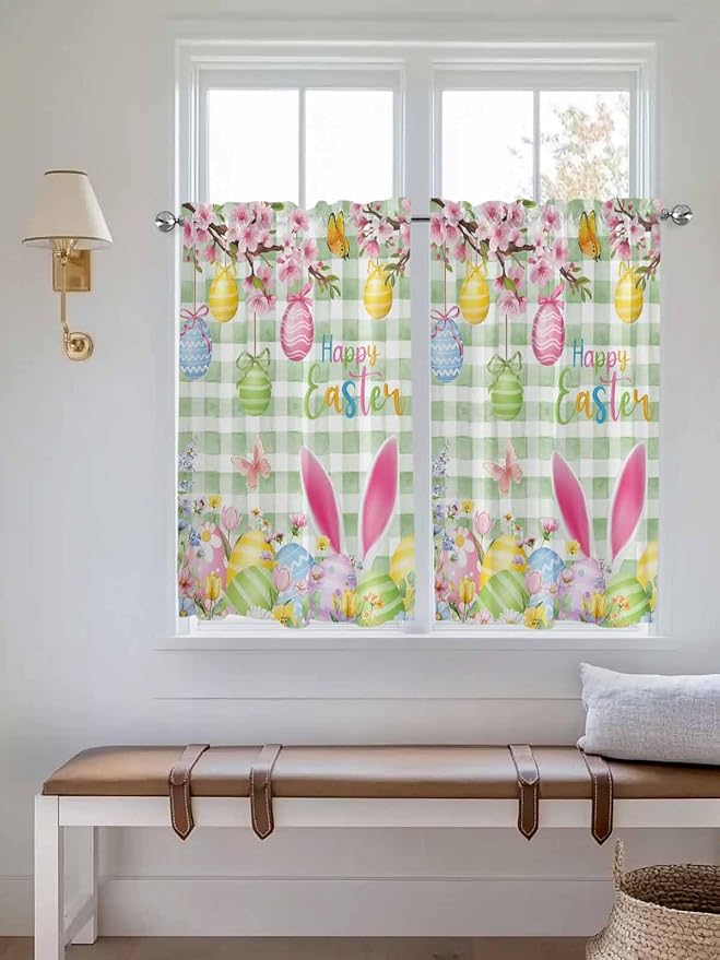 Happy Easter Kitchen Curtains 54 Inches Length, Spring Bunny Eggs Flower Sage
