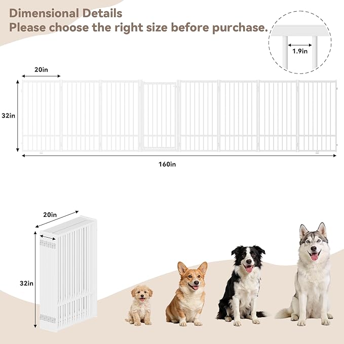 Full Metal Freestanding Dog Gate with Door, 32''Height Foldable Pet Dog Fence for Indoor & Outdoor, 8 Panels Extra Wide Free Standing TallDog Gates for Doorways,House,Stairs,Porch,Deck,Yard