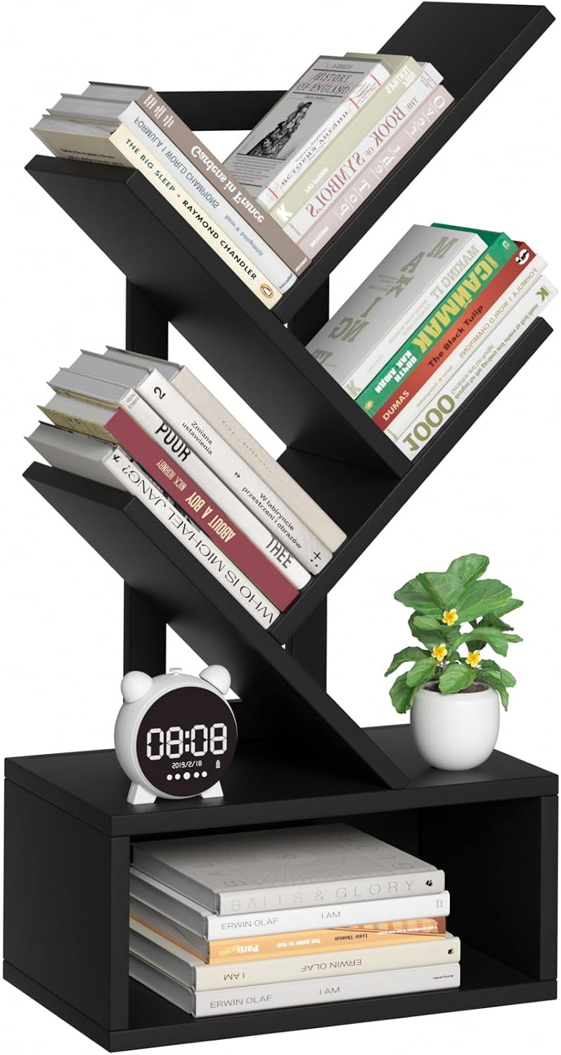 SHEEPAM 5 Tier Tree Book Case, Small Bookshelf with Shelf