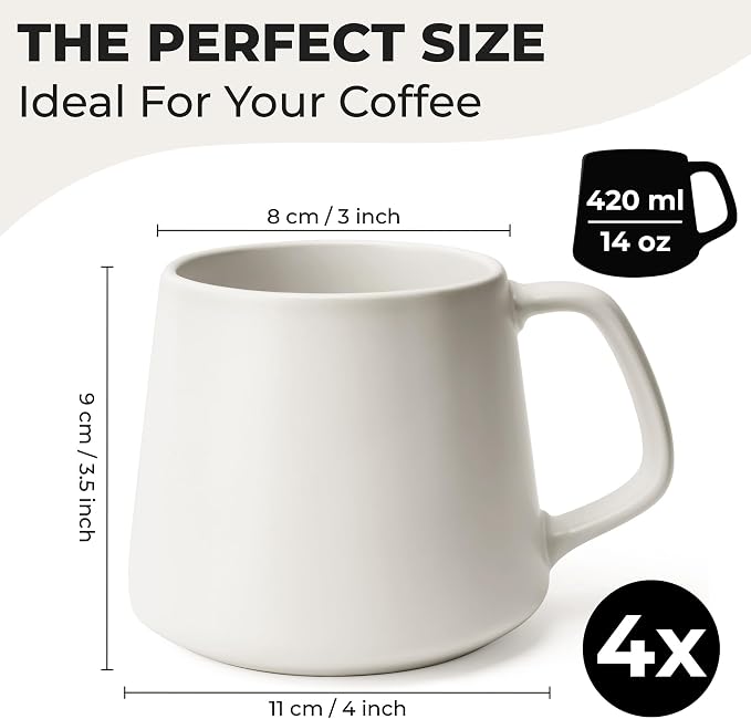 MIAMIO - Coffee Mugs Set of 4, Large - Luxe | Large Ceramic Coffee Mugs