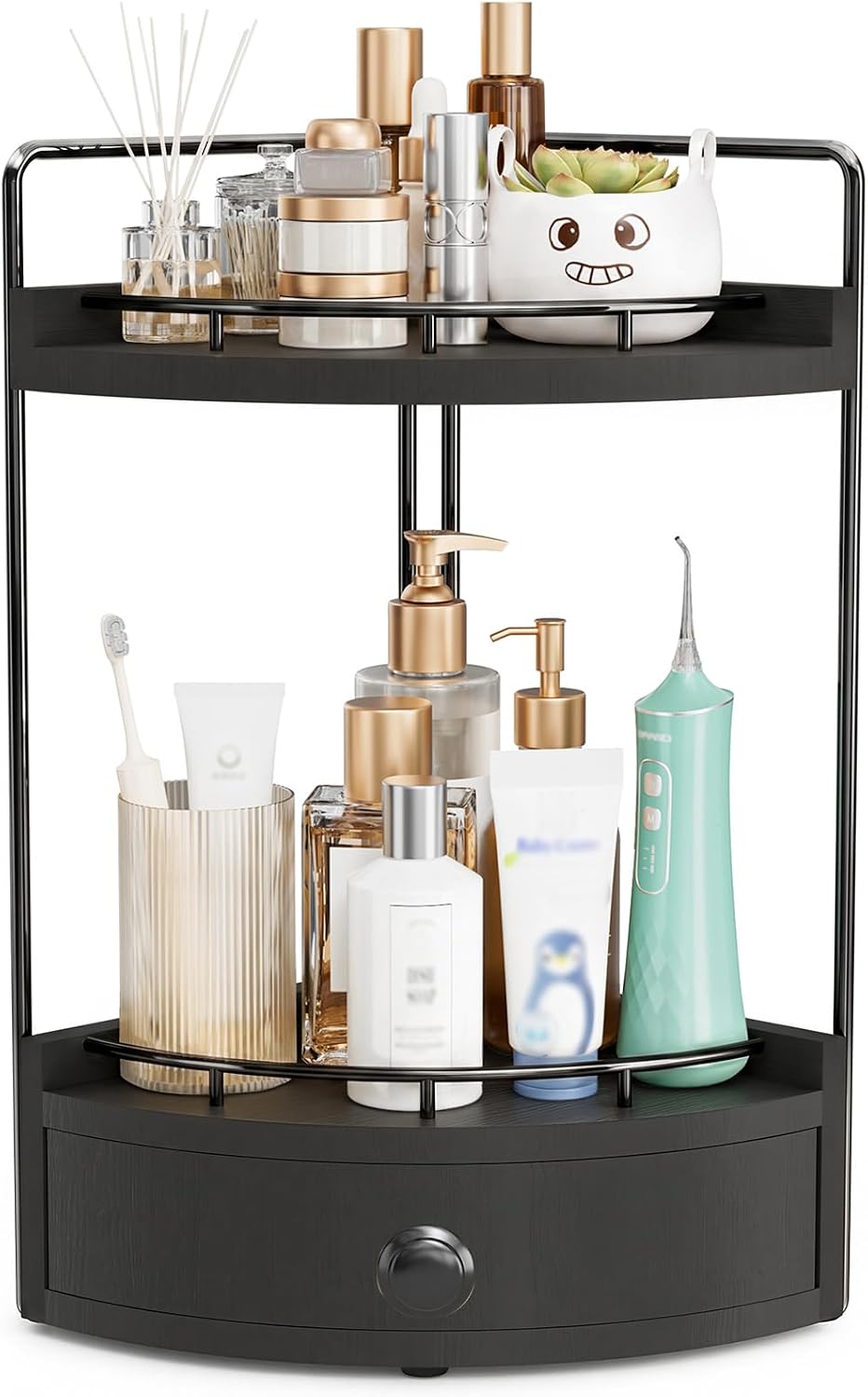 2-Tier Corner Bathroom Counter Organizer with Drawer, Black