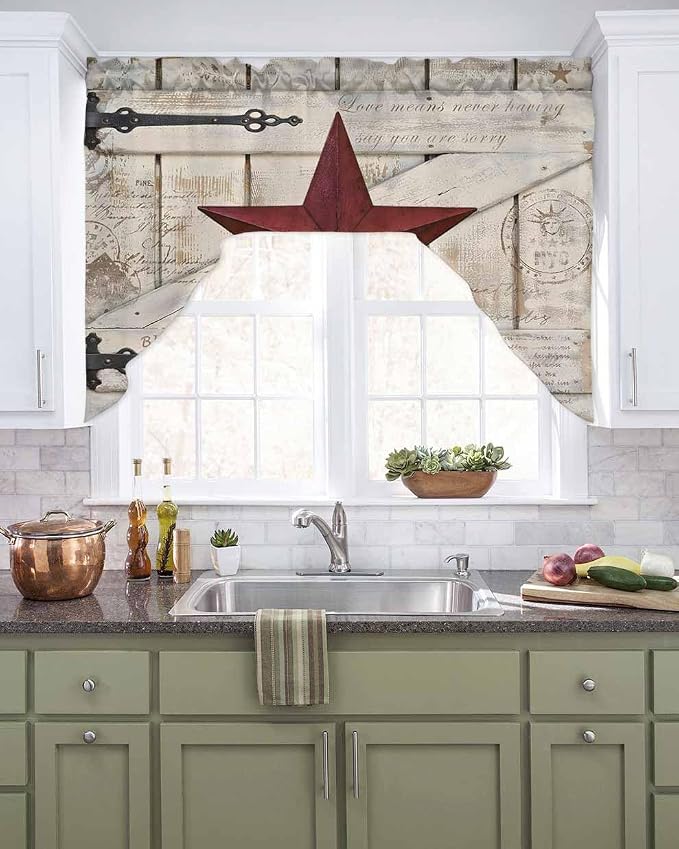 Village Stars Swag Kitchen Curtains Valance and Tier Set, Vintage Dark Red Star