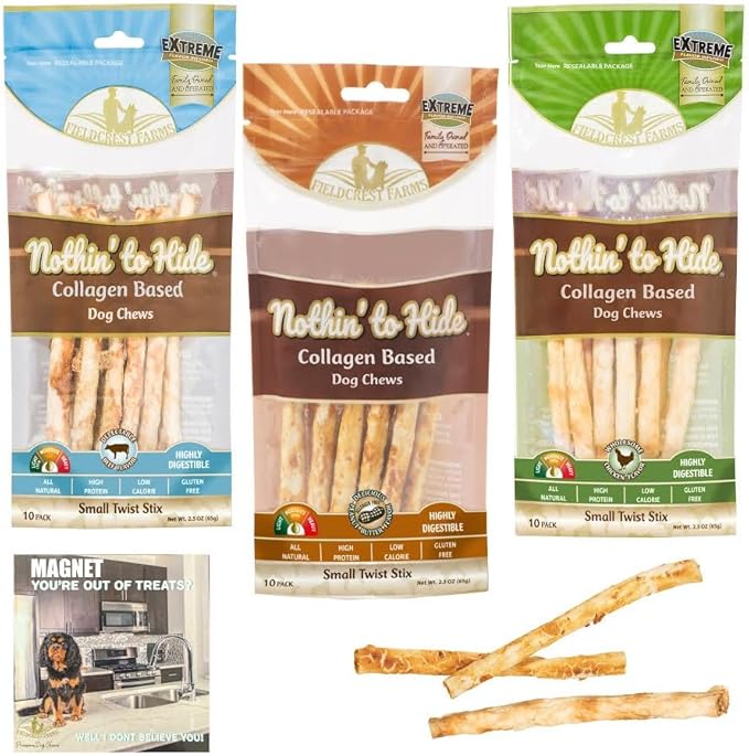 Fieldcrest Farms Nothing to Hide Natural Rawhide Alternative Twist Stix for Dogs - 3 Pack (Chicken, Beef, Peanut Butter) Premium Easily Digestible Chews, Magnet