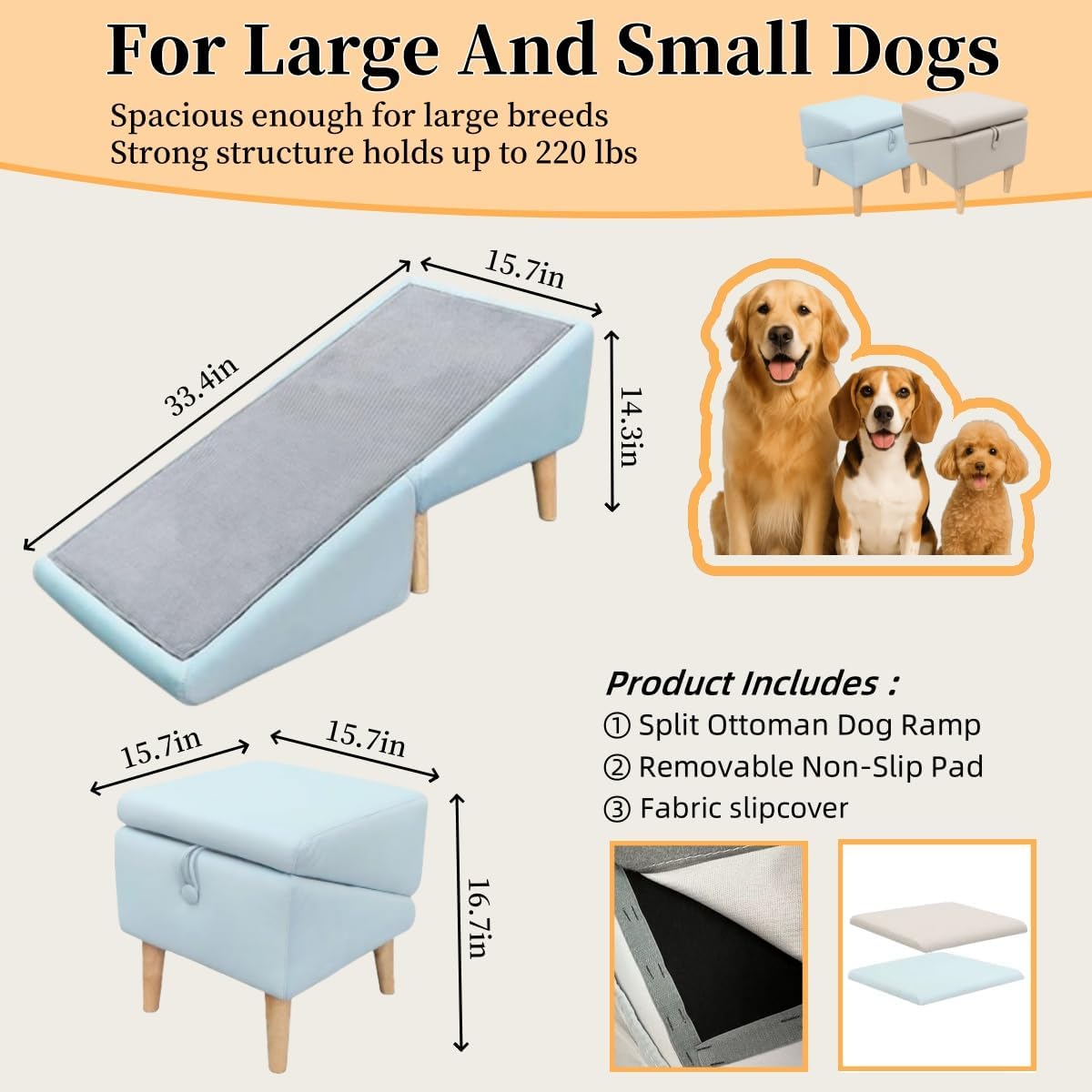 Split Ottoman Dog Ramp, Folding Pet Ramps Stairs for Couch, Pet Ramps Stairs for Small and Large Dogs, Holds up to 220 lbs (Blue - 2 Pads & 2 Covers, One Size)